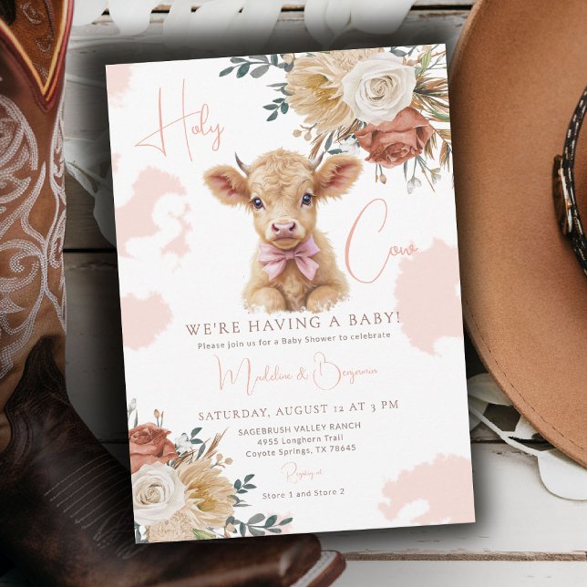 Convites Chá de Bebê Caubói Ocidental Rosas Arco Country (cow baby shower theme invitation rustic highland cute calf pink bow hide watercolor rose cowboy barn)