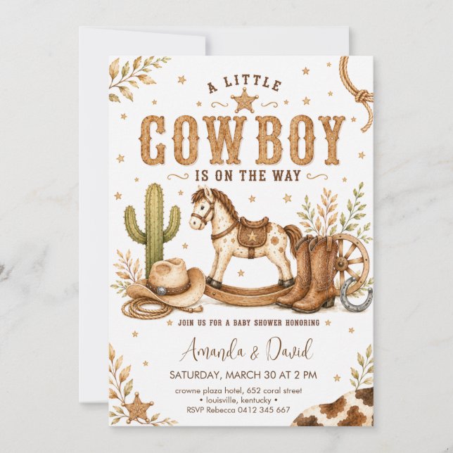 Convites Chá de Bebê Cavalinho de Pau Pequeno Cowboy (Frente)
