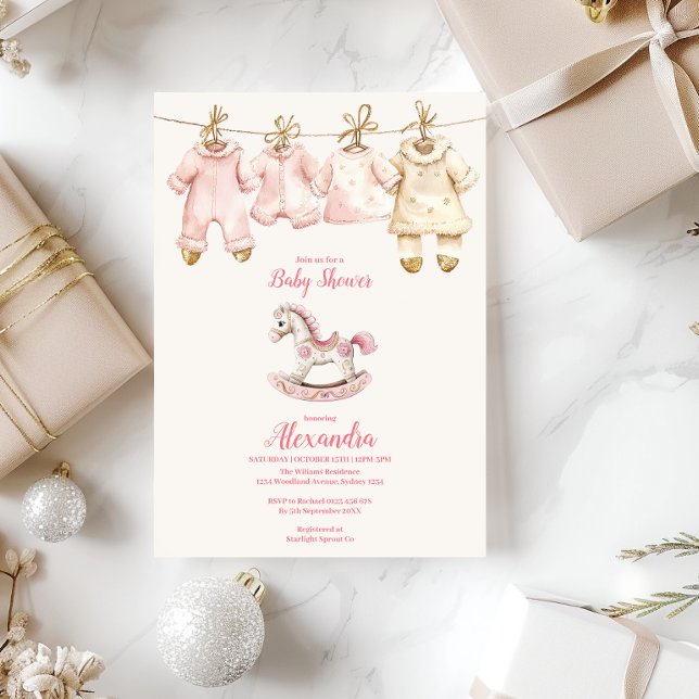 Convites Chá de Bebê Cavalo de Balanço Natal Rosa (Criador carregado)