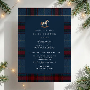 Convites Chá de Bebê Cavalo de Balanço Tártan Natal Vintage