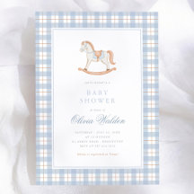 Chá de Bebê Cavalo de Balanço Xadrez Azul Vintage