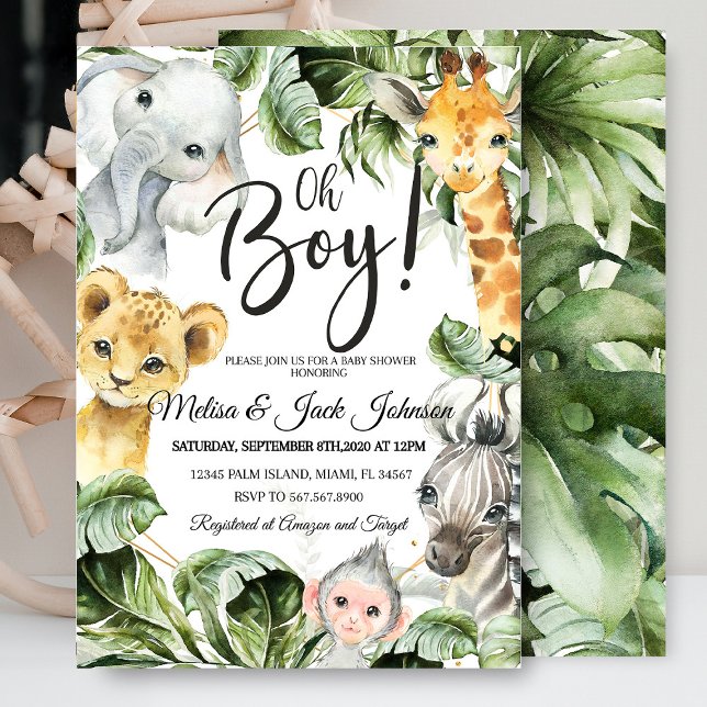 Convites Chá de bebê chá de fraldas Safari (Safari Baby Shower Baby Boy Shower invitation with jungle animals like lions, giraffes, and elephant)