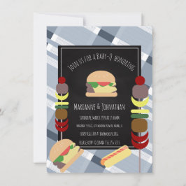 Convites Chá de Bebê Churrasco ao Ar Livre Comida Xadrez Az