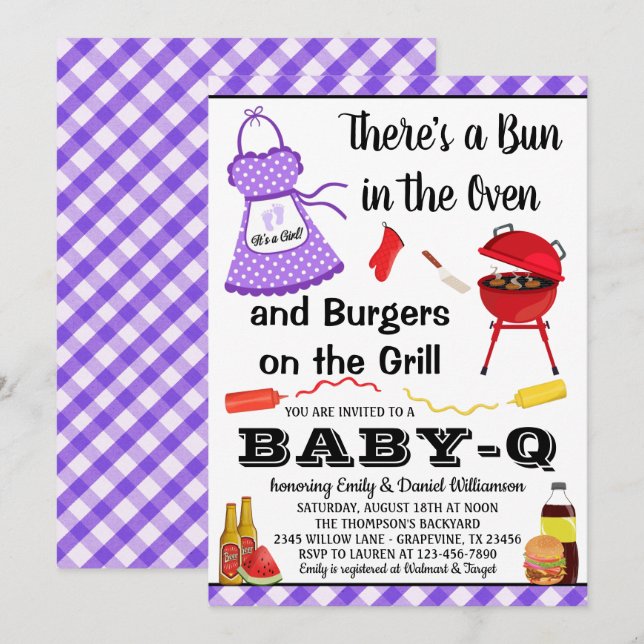 Convites Chá de Bebê Churrasco Roxo Menina (Frente/Verso)