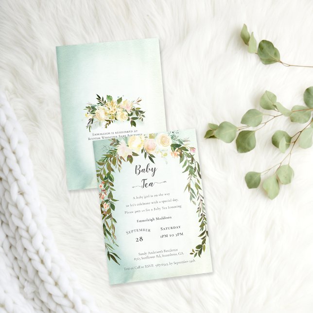 Convites Chá de Bebê Chuva de Rosas Brancas Verdes Floral (Criador carregado)