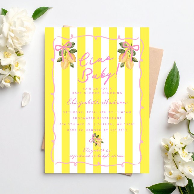 Convites Chá de Bebê Ciao Baby Faixa Amarela Limão (Ciao Baby Yellow Stripe Lemon Baby Shower Invitation)