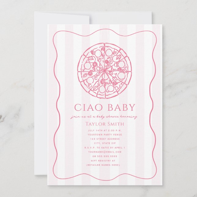 Convites Chá de Bebê Ciao Baby Rosa Menina Pizza (Frente)