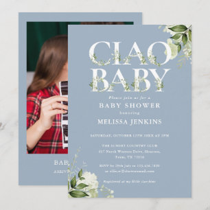 Convites Chá de Bebê Ciao Baby Verde Foto Azul Empoeirado