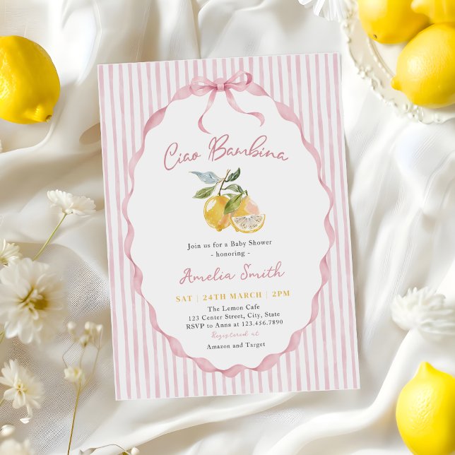 Convites Chá de Bebê Ciao Bambina Limão Rosa (Criador carregado)