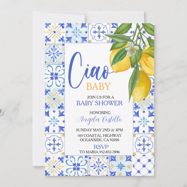 Convites Chá de Bebê Ciao Costa Amalfi Limão  (Frente)