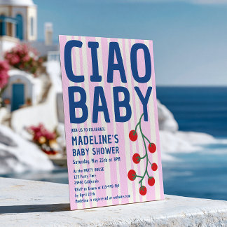 Convites Chá de Bebê Ciao Italiano Listra Rosa Azul Retrô