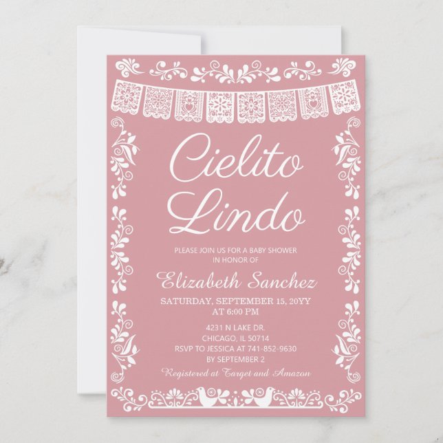 Convites Chá de Bebê Cielito Lindo Rosa Bege Papel Picado (Frente)