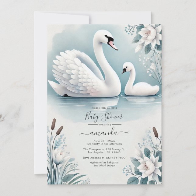 Convites Chá de Bebê Cisne Elegante e Filhote (Frente)