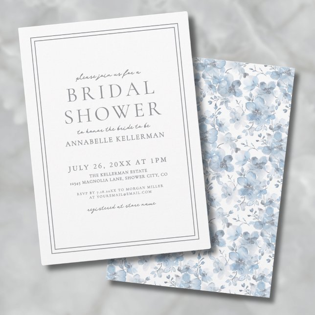 Convites Chá de Bebê Clássico Botânico Azul Empoeirado Eleg (Dusty Blue Botanical Classic Elegant Bridal Shower Invitation)