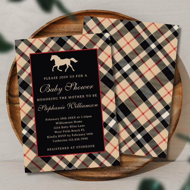 Convites Chá de Bebê Clássico Preppy Xadrez Luxo Equestre (Criador carregado)