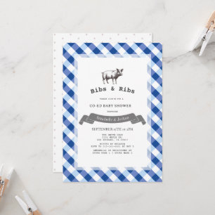 Convites Chá de Bebê Co-Ed Bibs & Ribs Rustic Navy Xadrezin
