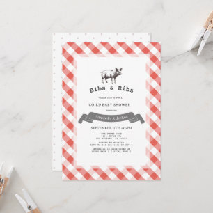 Convites Chá de Bebê Co-Ed Bibs & Ribs Rustic Red Gingham
