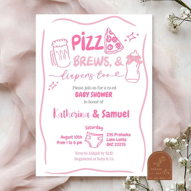 Convites Chá de Bebê Co-Ed Pink Pizza, Cervejas e Fraldas (Criador carregado)