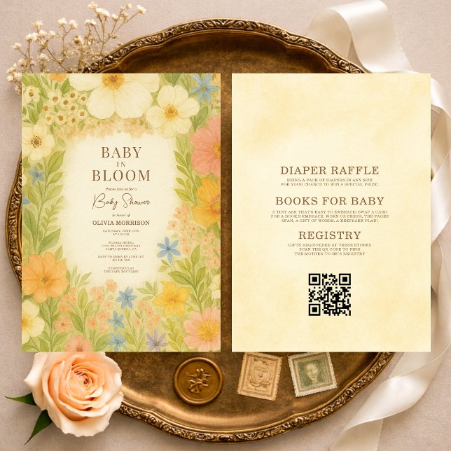 Convites Chá de Bebê Código QR Baby in Bloom Tudo em Um (Criador carregado)