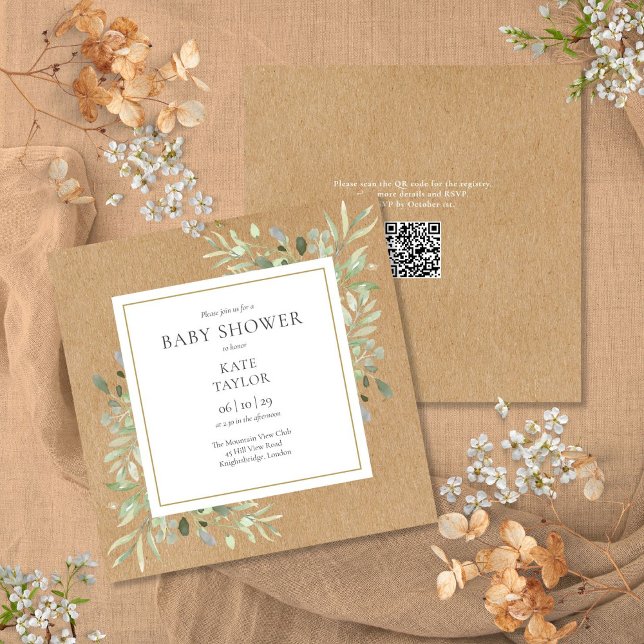 Convites Chá de Bebê Código QR Neutro Rustic Kraft Greenery (Rustic Kraft Greenery Neutral QR Code Baby Shower Invitation)