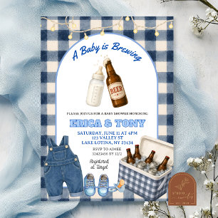 Convites Chá de Bebê Coed Blue Gingham Baby Is Brewing Beer