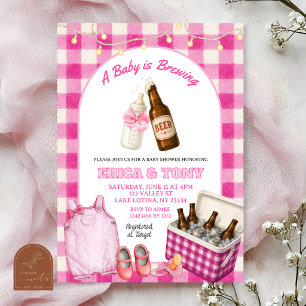 Convites Chá de Bebê Coed Pink Gingham Baby Is Brewing Beer