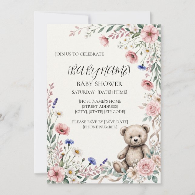 Convites Chá de Bebê Coelho Floral Personalizado (Frente)