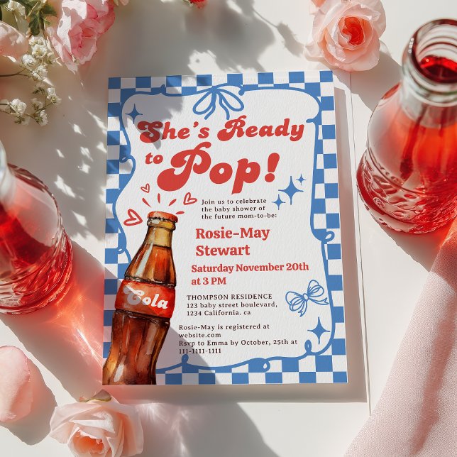 Convites Chá de Bebê Cola Azul Xadrez Retro Pronto para Est (Retro Blue Checker Ready to Pop Cola Baby Shower Invitation)