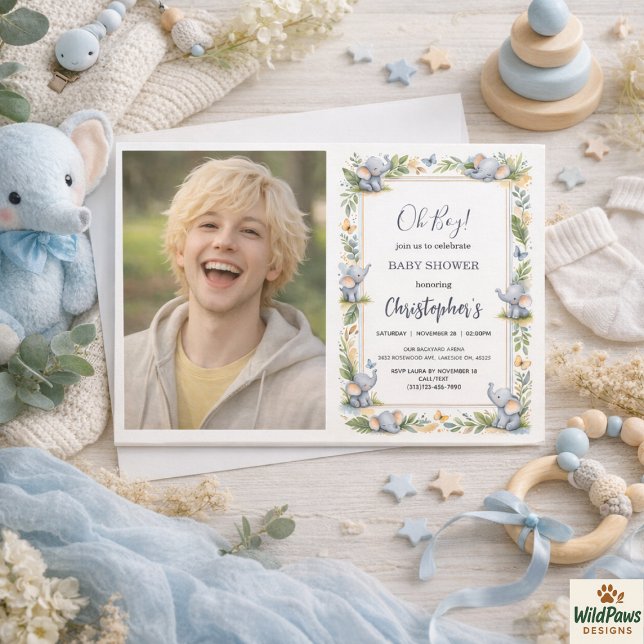 Convites Chá de Bebê com Aquarela de Elefante para Menino – (Boy’s Elephant Watercolor Baby Shower –Blue Safari Invitation
)