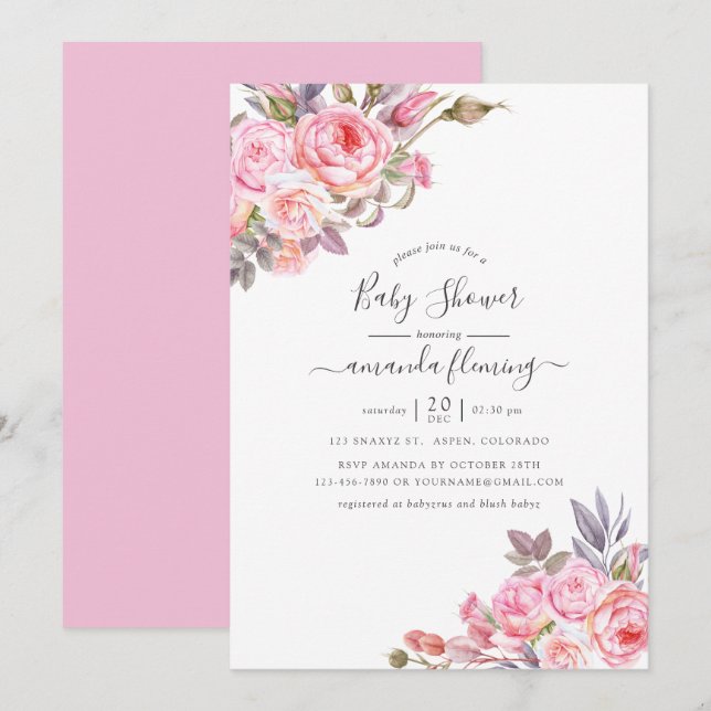 Convites Chá de Bebê com Aquarela Floral Rosa (Frente/Verso)