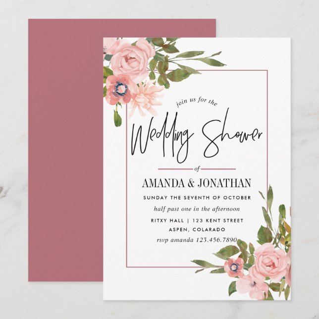Convites Chá de Bebê com Aquarela Rosa e Dourado (Frente/Verso)