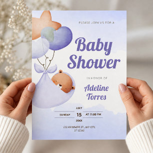 Convites Chá de Bebê com Aquarela Roxa Suave e Ursinho de P