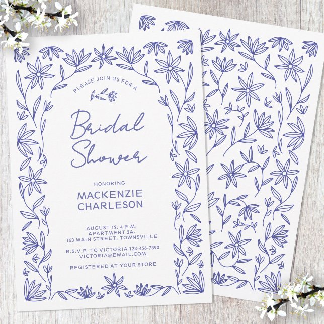 Convites Chá de Bebê com Arco de Flor Silvestre Azul Medite (Mediterranean blue and white wildflower floral line art bridal shower invitation)