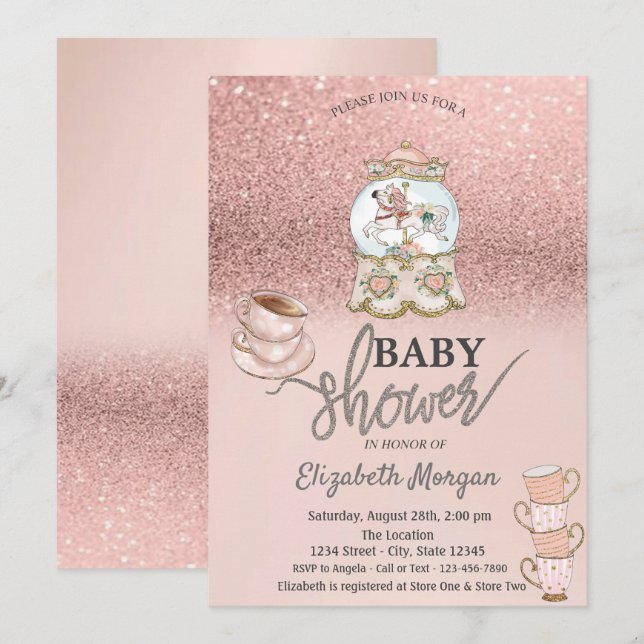 Convites Chá de Bebê com Brilho em Rose Gold (Frente/Verso)