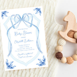 Convites Chá de Bebê com Crista de Fita Floral Azul Aquarel