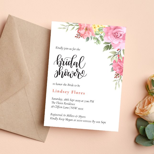 Convites Chá de Bebê com Flores de Pêssego e Folhagens Rosa (Peach floral rose greenery invitation creates a warm, romantic bridal shower tone)