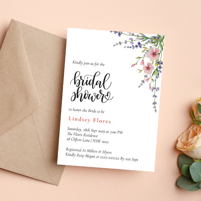 Convites Chá de Bebê com Flores Silvestres Rosa Suave e Fol (Soft pink wild flowers and greenery invitation creates a fresh, romantic bridal shower tone)