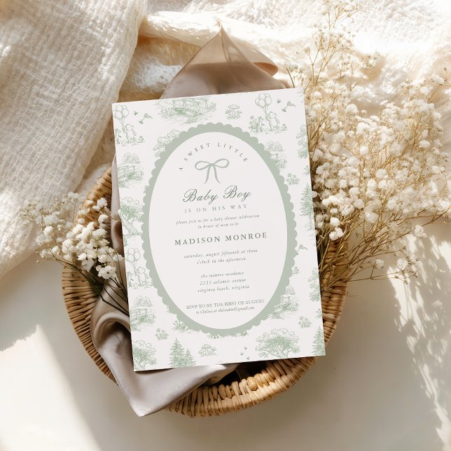 Convites Chá de Bebê com Laço e História em Toile Florestal (Woodland Toile Sage Green Bow Baby Shower Invitation)