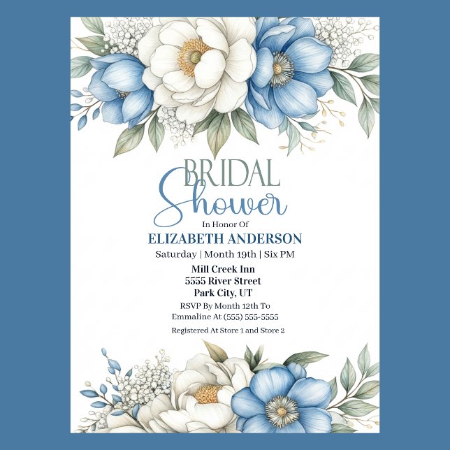 Convites Chá de Bebê com Magnólia Azul e Flor de Peônia (Blue and white magnolia and peony floral Bridal Shower invitation )