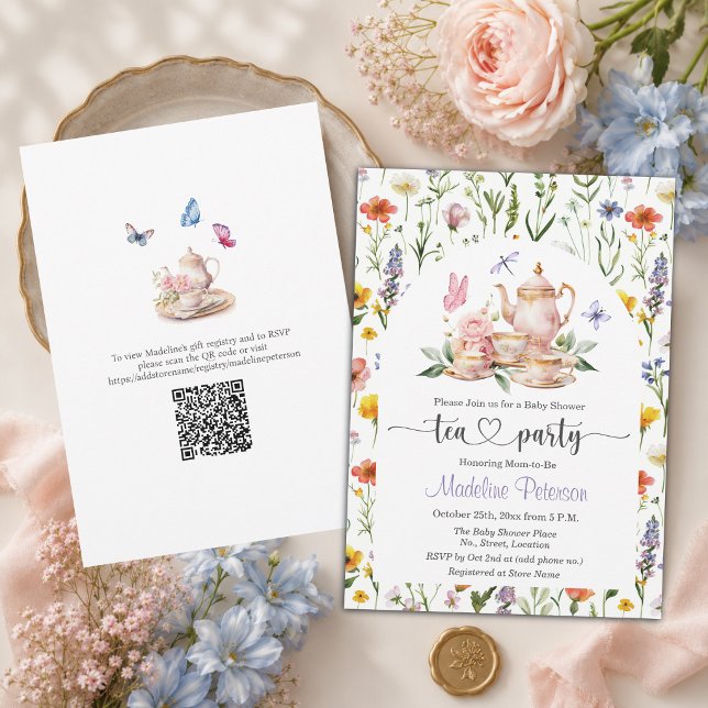 Convites Chá de Bebê com QR Code para Festa de Chá de Flore (Criador carregado)