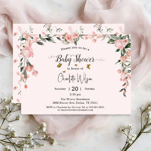Convites Chá de Bebê com Rosas Cor-de-Rosa em Aquarela e Bo