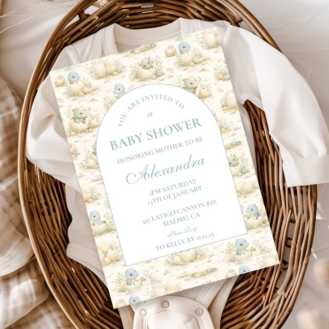 Convites Chá de Bebê com Tema de Dinossauro Azul Fofo (Criador carregado)