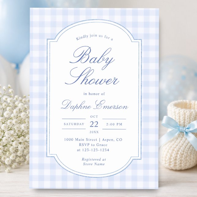 Convites Chá de Bebê com Xadrez Azul (Blue Gingham Baby Shower Invitation
)