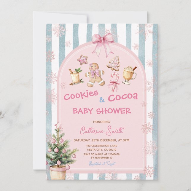 Convites Chá de Bebê Cookies Rosa e Flocos de Neve de Cacau (Frente)