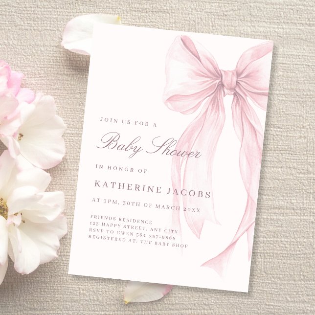 Convites Chá de Bebê Coquete Elegante Rosa (Pink Coquette Bow Baby Shower Invitation)