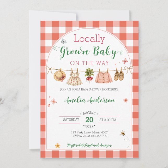 Convites Chá de Bebê Coquete Gingham Cultivado Localmente (Frente)