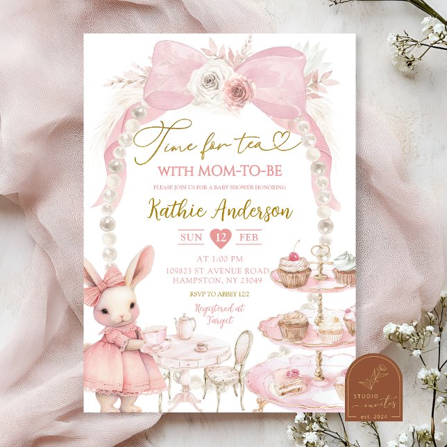 Convites Chá de Bebê Coquette Bunny com Laço Rosa Pérola (Criador carregado)