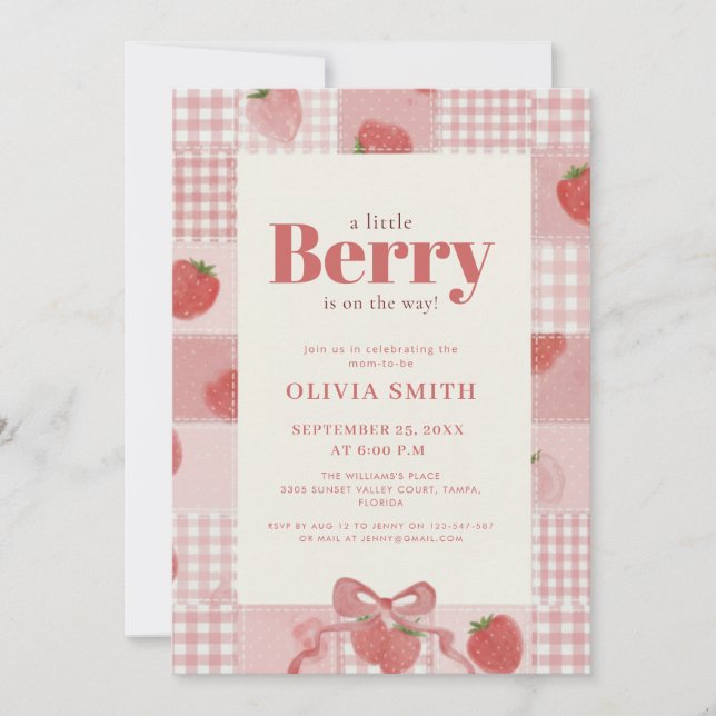 Convites Chá de Bebê Coquette Gingham Morango (Frente)