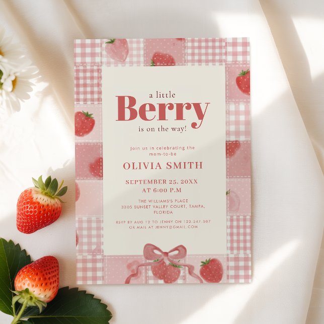 Convites Chá de Bebê Coquette Gingham Morango (Criador carregado)