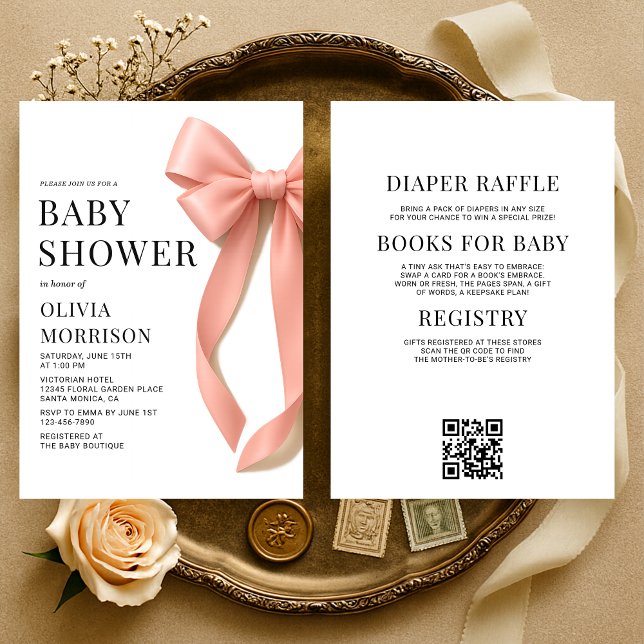 Convites Chá de Bebê Coquette Laço Rosa Tudo em Um (Criador carregado)